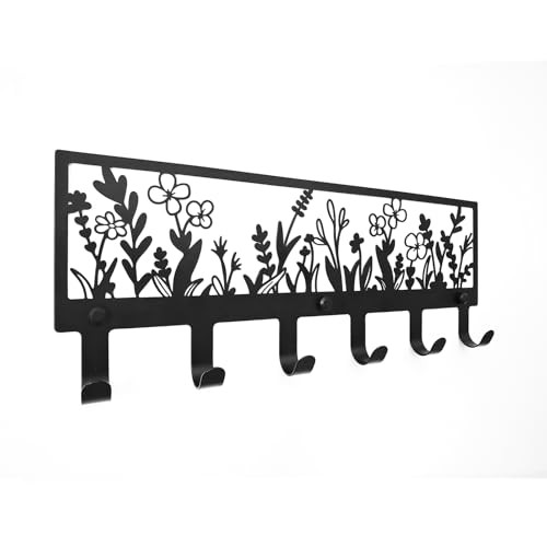 MUYUSEN Floral Wall Mounted Coat Rack with 6 Hooks Decorative Black Metal Hanger for Coats, Hats, Bags, Keys,Towels - Ideal for Hallway, Bathroom, Kitchen, Office (15.55x5.98x1.22 Inches)