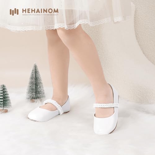 Hehainom Toddler Flower Girls Dress Shoes, Mary Jane Princess Ballet Flats with Bow and Peals for Party School2