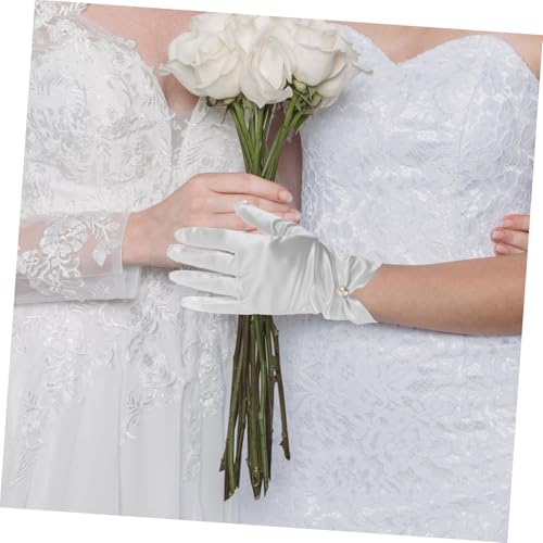 Elegant Vintage White Wedding Gloves for Brides Pearl Gloves Bridal Satin Short4