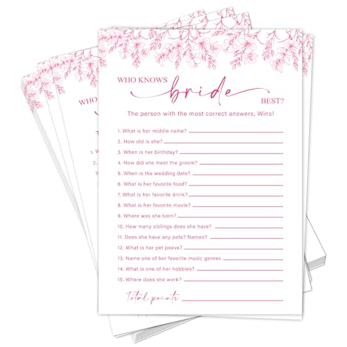 Bridal Shower Games Cards-Who Knows Bride Best, Pink Floral Wedding Game Activity for 25 Guests, Bachelorette Wedding Engagement Supplies, 25 Cards -A07 by DOIUCRO - Used condition - US$6.90
