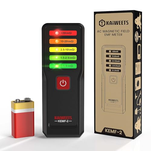 KAIWEETS EMF Meter for AC Magnetic Fields 5-Color LED Detects 0.120mG Across 30Hz20kHz 5% Accuracy Includes 9V Battery for Ghost Hunting Home Office and EMF Testing