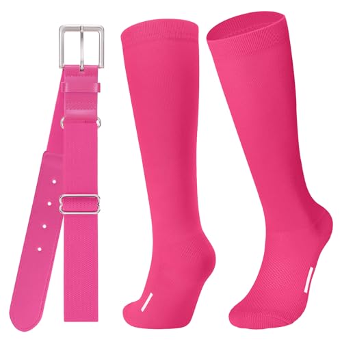 JASGOOD Baseball Softball Socks and Belt Combo Set Breathable Soccer Football Socks for Adult and Youth(Hot Pink)