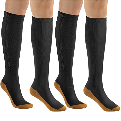 Image of bropite Zipper Compression Socks Women & Men|15-20mmHg closed Toe knee high | 2Pairs Calf Knee High 15-20mmHg closed Toe Compression Stocking suit for Walking Recovery, Pregnant, Nurse
