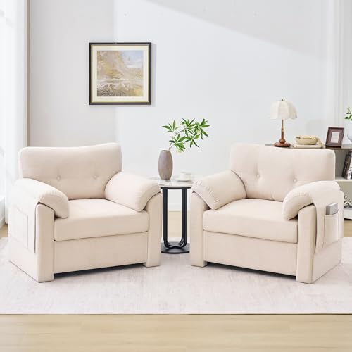 Image of Howjoe Chenille Oversized Armchair, 37.8 inch Wide Accent Chairs for Living Room & Bedroom Modern Lounge Chair, Upholstered Mid-Century Reading Chair with Arm Pocket, Comfy Living Room Chair, Beige
