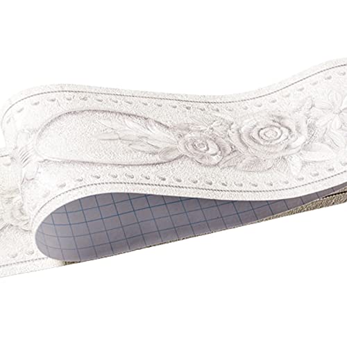 Darwery Elegant White Floral 3D Pattern Wallpaper Borders Self Adhesive Waterproof Wall Border Decor Tile Stickers for Bathroom Kitchen Ceiling Backsplash Border DIY Wall Sticker 5 Meters