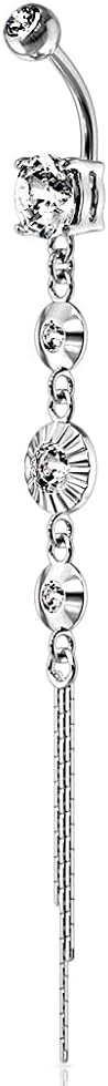 14GA 316L Stainless Steel CZ Centered Crystal Drop Chain Dangling Belly Button Ring