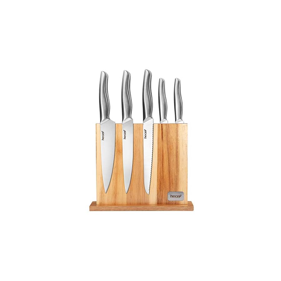 Hecef-6-Piece-Kitchen-Knife-Block-SetAll-Metal-Construction-Hollow-Handle-Tapper-Ground-Knives-Double-Sided-Magnet-Wood-Knife-Block Hecef 6 Piece Kitchen Knife Block Set,All Metal Construction Hollow Handle Tapper Ground Knives Double Sided Magnet Wood Stand