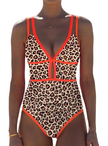 Image of popvil Women One Piece Swimsuit 2026 Tummy Control Sexy Cutout Neon Color Block Bathing Suit Slimming Adjustable Swimwear