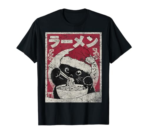 Cat Ramen Vintage Santa Hat Christmas Japanese Aesthetic T-Shirt