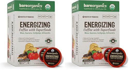 BareOrganics ENERGIZING USDA Organic Coffee Pods Infused with Superfoods & Probiotics, Keurig K-Cup Compatible, Vegan, Gluten Free, 20 Single (Pack of 2)