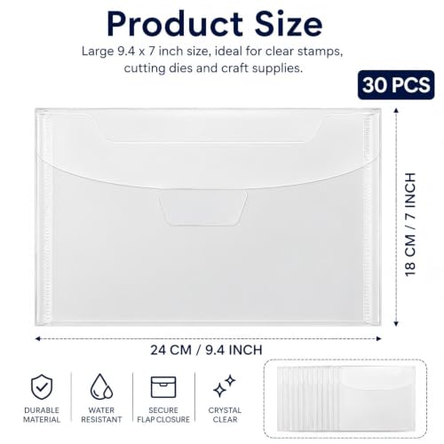 Image of 30 Pcs Large Clear Stamp and Die Storage Bags 9.4 x 7 Inch, Resealable Craft Organizer Pockets for Scrapbooking, Card Making, Die Cutting Supplies, Cricut Dies and DIY Paper Crafts