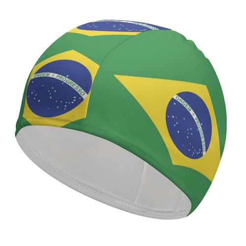 Gorro de Natación para Mujeres, Hombres, Adultos Y Jóvenes, Gorro de Natación De Licra Suave Y Elástica con Bandera De Brasil, Gorro De Baño para Cabello Largo Y Corto, para Playa, Piscina De Brasil