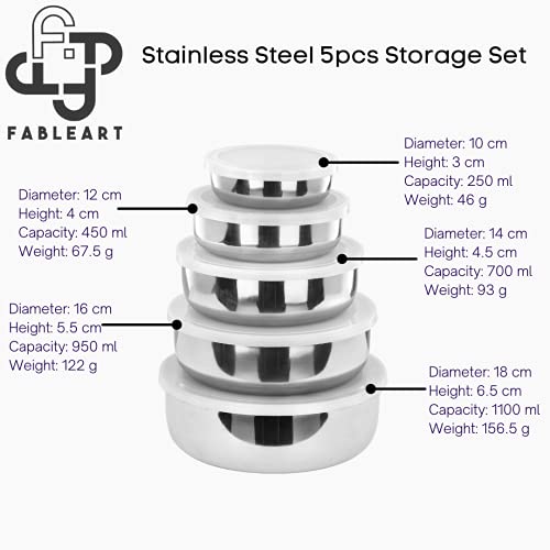 Image of Stainless Steel Storage Container Set; Kitchen Lid Bowl Set; Steel Fridge Container; Tiffin Box; Serving Bowls- Set of 5 Pcs