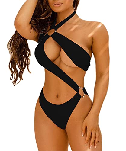 Yimisan Women's Sexy Cutout One Piece Swimsuit Cheeky Ring Swimwear Bathing Suits Monokini Black #TOP4