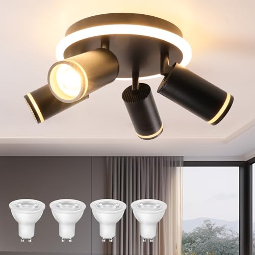 URing Deckenstrahler 4 Flammig Schwenkbar Deckenlampe Schwarz, Rund