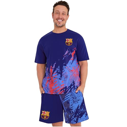 Get Trend FC Barcelona Schlafanzug Herren Kurz Baumwolle Sommer Pyjama Männer Schlafanzüge Fussball Geschenke für Männer (XL, Blau Barcelona)