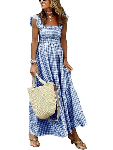 Leyoutx Women's Sleeveless Strap Retro Plaid A-Line Smocked