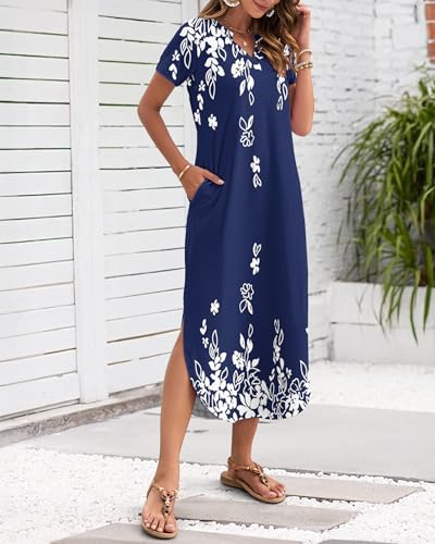 Image of MISFAY Women's Summer Maxi Dress 2026 Casual Short Sleeves V Neck Loose Sundress Split Long Beach T Shirt Dress