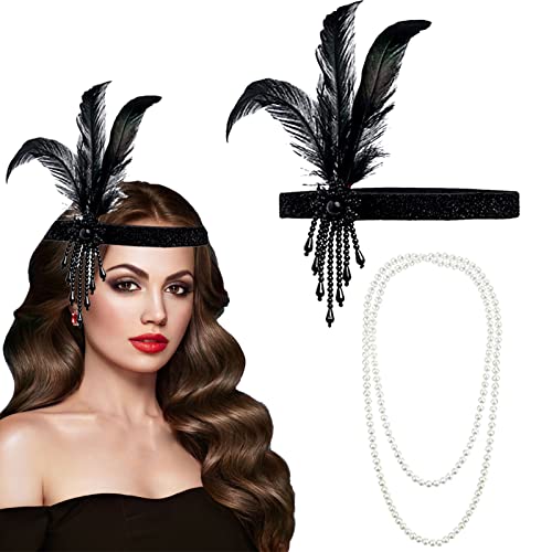 1920s Flapper Headband & Necklace Set - Faux Pearls Beaded & Feathered Gatsby Costume Accessories
