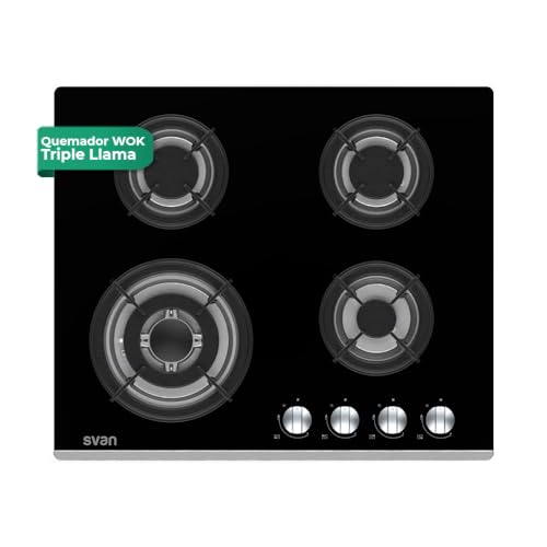 Svan Encimera de Gas Cristal negro SGW4600N. Potencia máx. 7800 kW, 4 Quemadores, Quemador WOK triple llama, con Ignición Automática, Parrillas Forjadas, Incluye Kit de Conversión Gas Natural