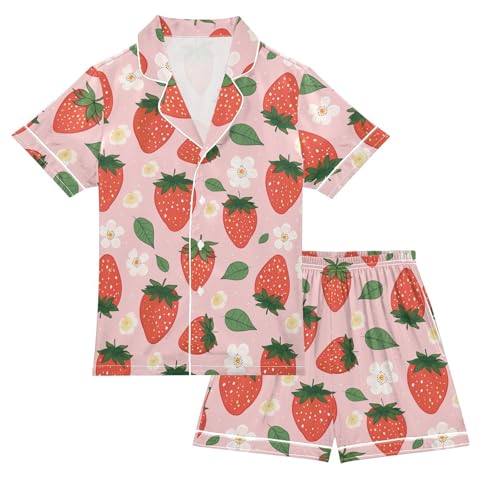 ALAZA Green Leaves Strawberry Flower Pajamas Satin Pajama Set Short Sleeve Button Down Sleepwear
