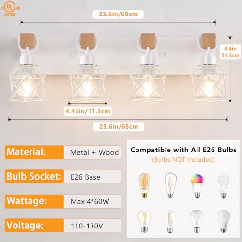 Image of FadimiKoo 4-Light Farmhouse Vanity Lights for Bathroom, White Wood Bathroom Light Fixtures Over Mirror, Rustic Vanity Lights with Metal Shade, Bathroom Lighting for Living Room, Bedroom, Hallway