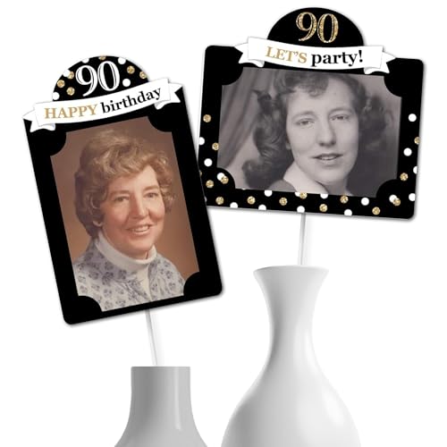 Big Dot of Happiness 90th Birthday Photo Centerpiece Kit - Gold Party Decoration Display Set, 15 Double-Sided Photo Table Toppers with Sticks, Custom 4x6 Photo Holders - 90 Years