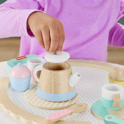 Fisher-Price Czas na podwieczorek Zestaw drewnianych zabawek 12 elementów do zabawy w naśladowanie dla dzieci od 3 roku życia, HXT82
