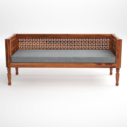 Image of Sheesham Wooden 7 Seater SofaSet for Living Room | Rosewood Cushion Sofa | Solid Wood Sofa Set for Lounge (Honey with Grey Cushion, 7 Seater)