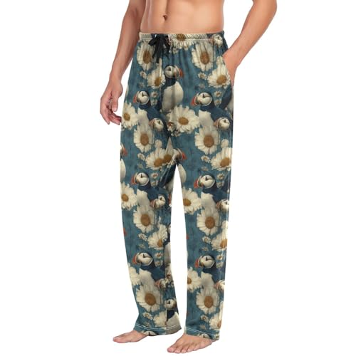 Aflyko Bird Men's Pajama Pants White Flower Puffins Cute Pjs Sleepwear Bottoms2