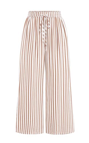 PRETTYGARDEN Womens Pants Elastic Waist Floral Lightweight Palazzo Pants for Women Casual Lounge Wide Leg Pants Woman (Stripe Khaki, Large)