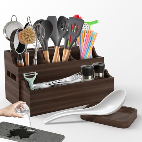 DIOLOVE 2-in-1 Large Wooden Utensil Holder for Kitchen Counter - Modular Stackable Cooking Utensil Organizer with Diatomite Absorbent Mat & Spoon Rest - Wall Mount Spatula Caddy & Silverware Storage