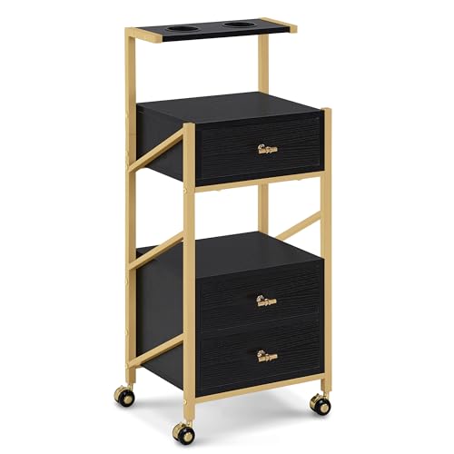 M MCombo Carro de peluquería con ruedas y 3 cajones, carrito de servicio negro y dorado, carrito de salón con 2 estantes y 2 soportes para secador de pelo, moderno carrito de trabajo para baño o salón