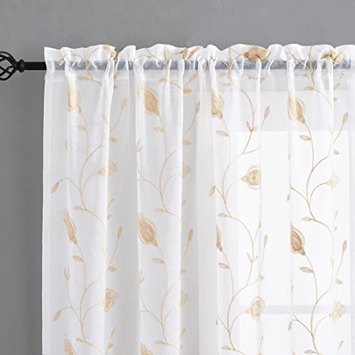 Image of Embroidery Sheer Curtains Beige 95 Inches, Floral Window Treatments Rod Pocket Drapes for Living room, Bedroom, Semi Crinkle Voile Curtain Panels for Yard, Patio, Villa, Parlor, Set of 2, 52 inchx 95 inch.
