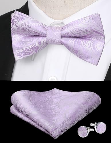 Image of HISDERN Bow Ties for Men Pre-Tied Bow Tie Floral Paisley Handkerchief Classic Formal Bowtie and Pocket Square Cufflinks Set