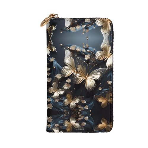 Leather Wallet 7.48 x 4.13 in - Stylish and Durable Wallet for Women with Multiple Compartments and Zipper Design Gold White Butterflies Black Pattern2