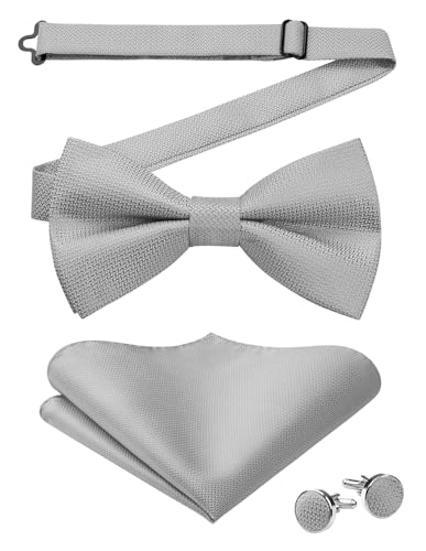 Image of HISDERN Mens Plaid Bow Tie Set Pocket Square and Cufflinks Bowtie | Pretied Bowties Design for Easy Wear,Check Pattern,Matching Handkerchief Cuff Link,3PCS Set Wedding Formal Party Groom Prom