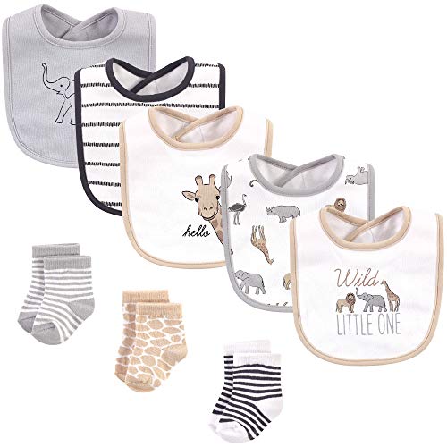 Image of Hudson Baby Unisex Baby Cotton Bib and Sock Set, Modern Safari Animals, One Size