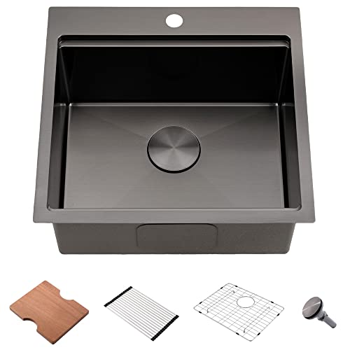 SOMRXO Küchenspüle, 53,3 cm, Edelstahl, Spüle, Topmontage, Küchenspüle, mattschwarz, Edelstahl, Küchenspüle, 40,6 cm, 25,4 cm, tiefe Einzelschüssel, Küchenspüle Cover