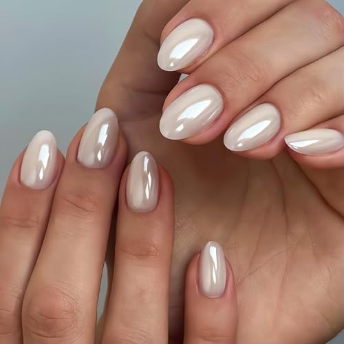 SXVME Chrome Pearlescent White Press on Nails Short Oval 32 Pcs Thick Glazed Cute Fake Nails with Sparkle Design Shiny Glitter Glue on Nails Almond Gel Nail Press ons with Glue for Fingernail