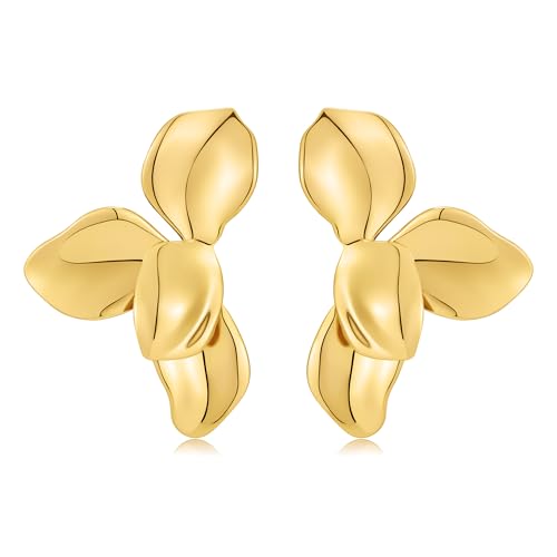 CLASSYZINT Gold Floral Earrings for Women Irregular Leaf Earrings 3D Bloom Design Hypoallergenic Jewelry