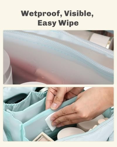 Image of Hynes Eagle Travel Makeup Bag for Women Puffy Cosmetic Organizer Pouch Open Flat Toiletry Bag for Toiletries Brushes Structured Base Light Blue