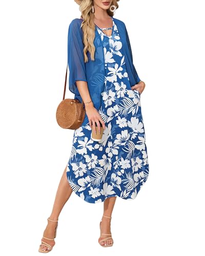 Image of Honwenle Women's Summer Maxi Dress 2 Piece Outfit Sleeveless Loose Split Dresses with Cover up Casual Formal