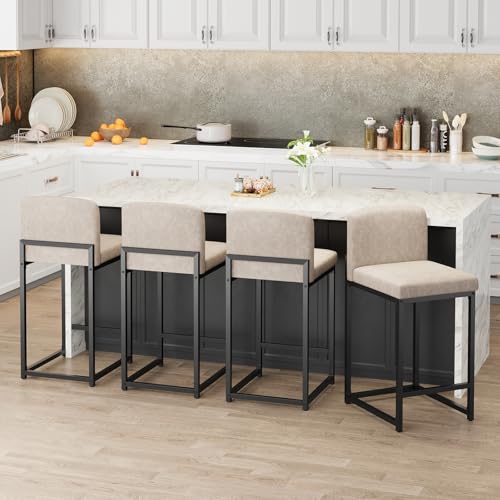 Butacos modernos IDEALHOUSE, juego de 4 unidades, con respaldo, tapizados en cuero sintético, para isla de cocina y bar en casa, estructura metálica, color beige miniatura 1