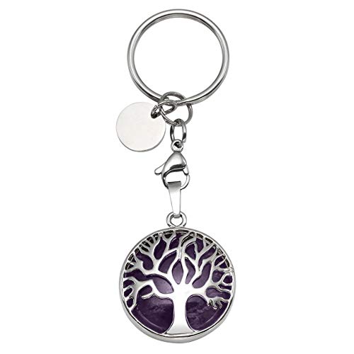 JOVIVI Silver Tree of Life Natural Amethyst Crystal Healing Reiki Chakra Gemstone Pendant Keyring Keychain Handmade DIY ID Tag Key Ring