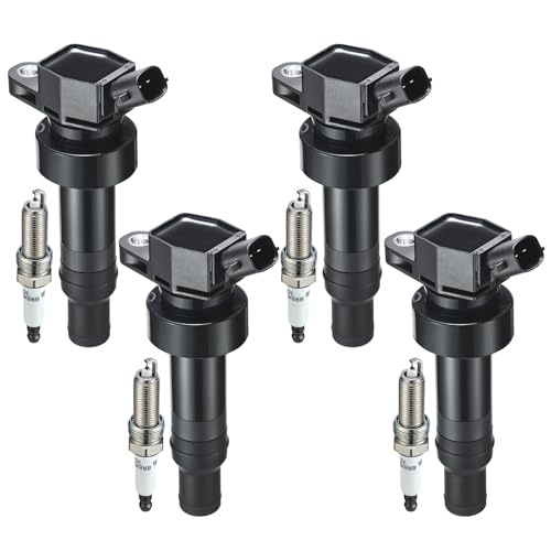 Image of 4 Ignition Coils Pack+4 Spark Plug Kit - Fix Misfires for Hyundai Accent /Veloster & Kia Rio /Soul (1.6L L4) - Repl. UF652 /27301-2B100 /93815