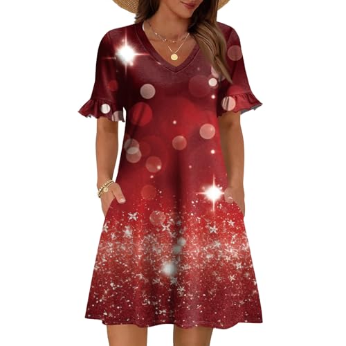 Women 2026 Summer Short Sleeve Sundress Fashion Casual V Neck A Line Dress Loose Printed Dresses with Pockets