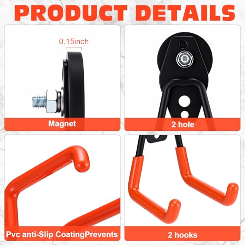 Image of Landhoow 18 Pcs Large Magnetic Hooks Heavy Duty Garage Magnet Hooks Strong Storage Utility Magnetic Hangers with Anti Slip Rubber Coating for Indoor and Outdoor Hanging (Orange)