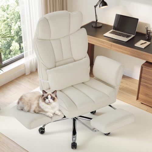 MALOL Bürostuhl Ergonomisch, 360° Drehbar Bürostuhl mit Fußstütze, Belastbar bis 180 kg, 102°-127° verstellbare Rückenlehne, 7 cm Höhenverstellbar, Komfortsessel für Home Office & Gaming, Beige