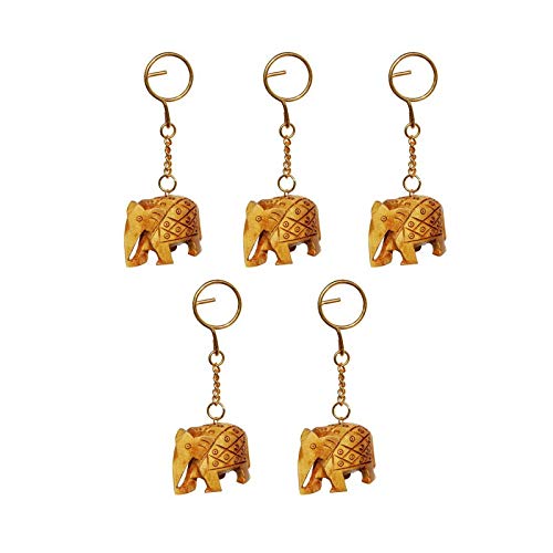 Desi Decor Wooden Hand Carved Keychains Brown Set of 5 (Elephant Key